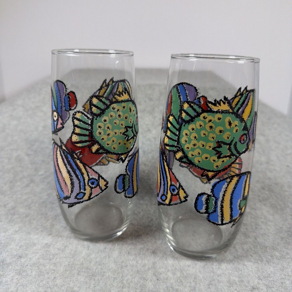 Vintage Libbey Tropical Fish Drinking Glass 16oz Colorful Ocean Set Of 2